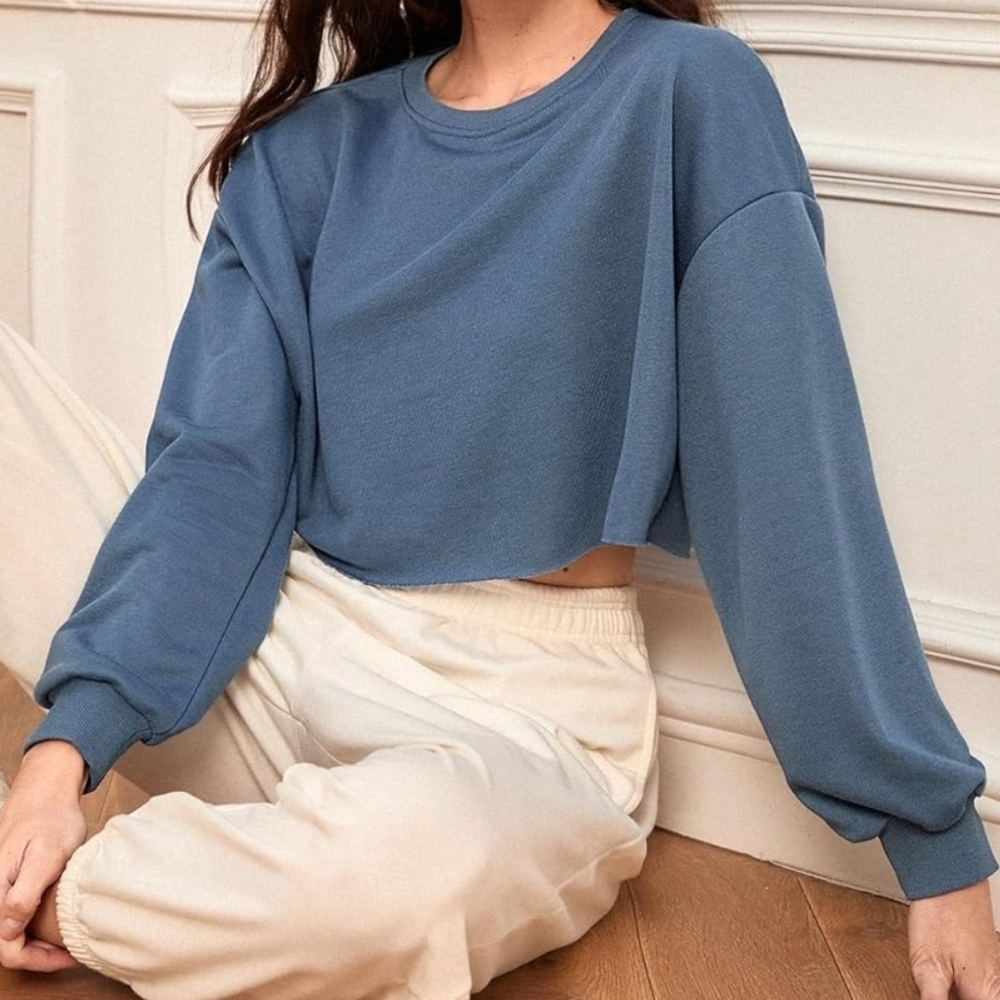 Heather Blue Drop Shoulder Cropped Sweatshirt Raw Hem - Size XS - NEW!